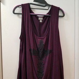 Scoop neck striped tank top  with lace inset and vcaviar beading cross